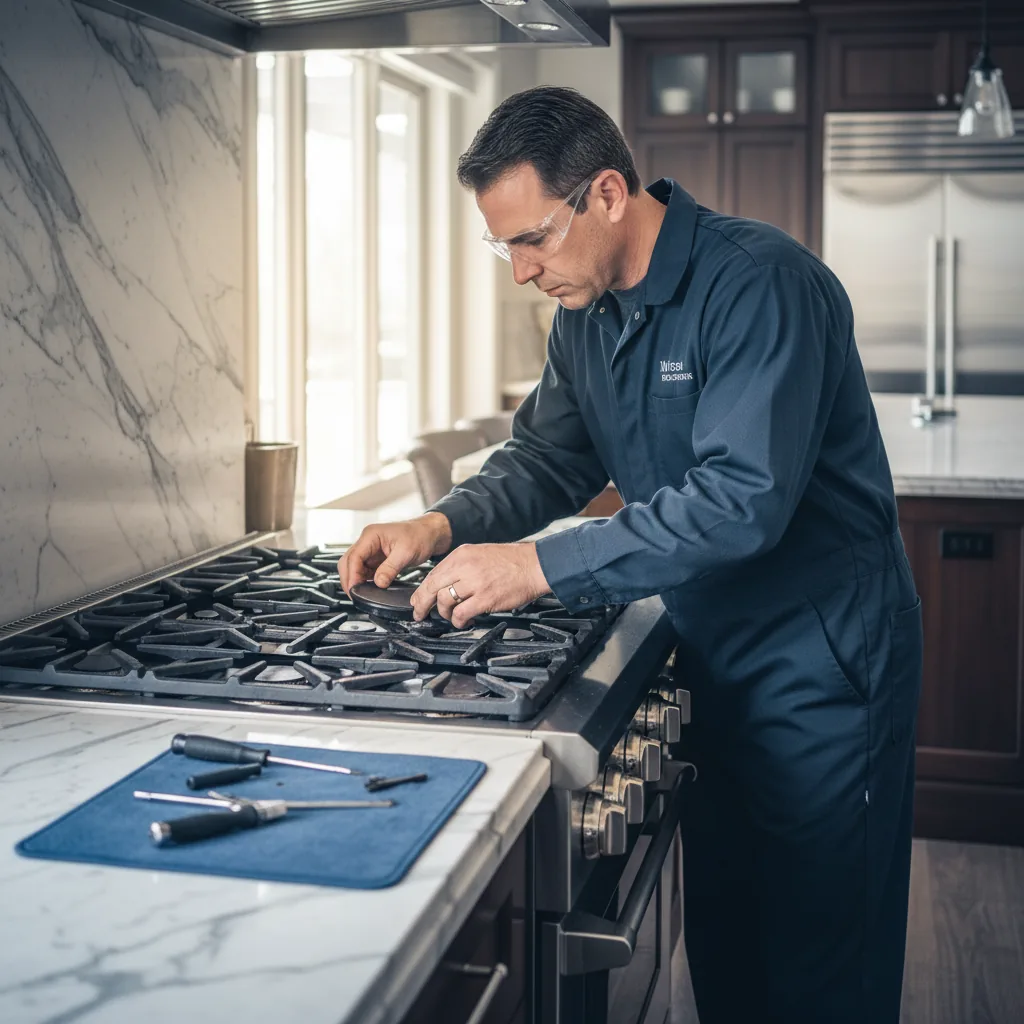 Technician calibrating a Wolf professional range for Boulder altitude